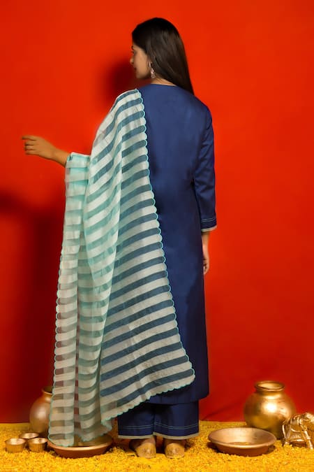Shop Mithi Supari Blue Pure Silk Embroidered And Woven Resham Thread Work & Stripe Yoke Kurta Set at Aza Fashions Shop_Mithi Supari_Blue Pure Silk Embroidered And Woven Resham Thread Work & Stripe Yoke Kurta Set _at_Aza_Fashions