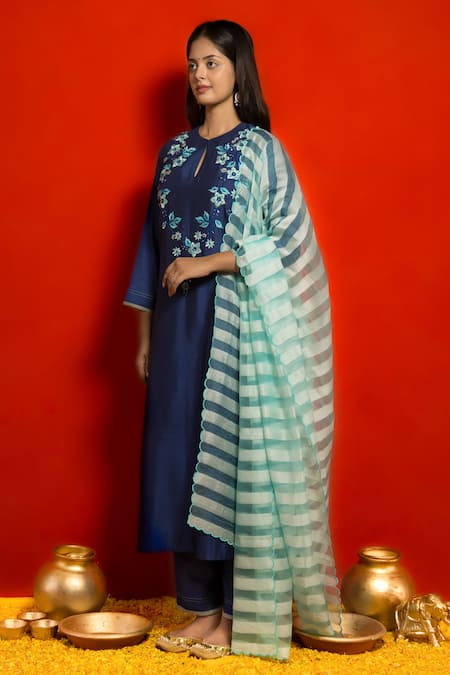 Mithi Supari Blue Pure Silk Embroidered And Woven Resham Thread Work & Stripe Yoke Kurta Set Online at Aza Fashions Mithi Supari_Blue Pure Silk Embroidered And Woven Resham Thread Work & Stripe Yoke Kurta Set _Online_at_Aza_Fashions