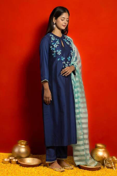 Buy Mithi Supari Blue Pure Silk Embroidered And Woven Resham Thread Work & Stripe Yoke Kurta Set Online at Aza Fashions Buy_Mithi Supari_Blue Pure Silk Embroidered And Woven Resham Thread Work & Stripe Yoke Kurta Set _Online_at_Aza_Fashions