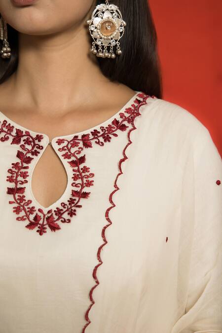 Shop_Mithi Supari_Ivory Pure Malai Chanderi Embroidered Resham Thread Work Yoke Anarkali Set _Online_at_Aza_Fashions