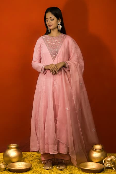 MITHI SUPARI Pink Pure Malai Chanderi Embroidered Resham And Zardozi Floral Yoke Anarkali Set 