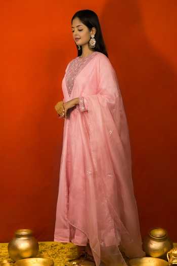 Mithi Supari Pink Pure Malai Chanderi Embroidered Resham And Zardozi Floral Yoke Anarkali Set Online at Aza Fashions Mithi Supari_Pink Pure Malai Chanderi Embroidered Resham And Zardozi Floral Yoke Anarkali Set _Online_at_Aza_Fashions