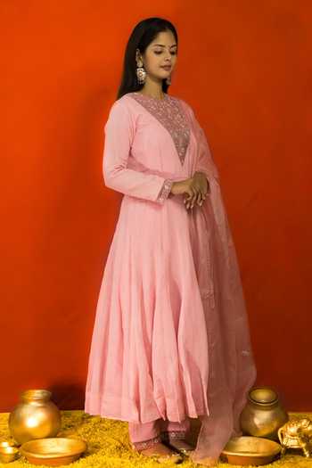 Buy Mithi Supari Pink Pure Malai Chanderi Embroidered Resham And Zardozi Floral Yoke Anarkali Set Online at Aza Fashions Buy_Mithi Supari_Pink Pure Malai Chanderi Embroidered Resham And Zardozi Floral Yoke Anarkali Set _Online_at_Aza_Fashions