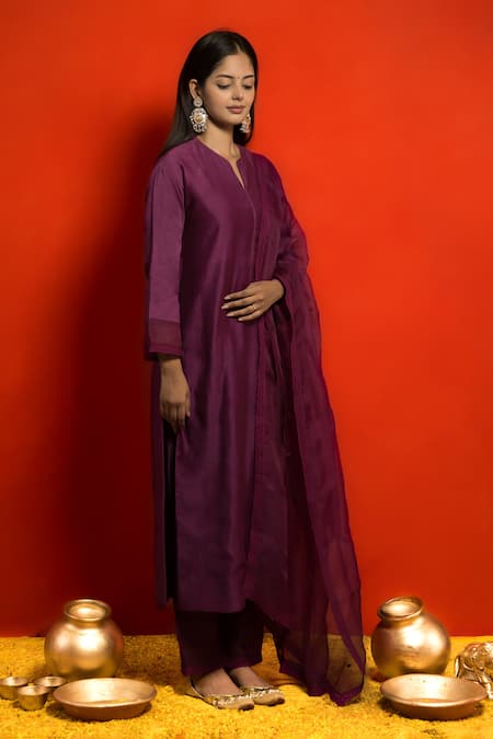 MITHI SUPARI Purple Pure Silk Chanderi Embroidered And Woven Straight Kurta Set 