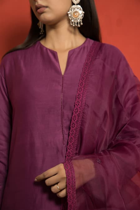 Shop_Mithi Supari_Purple Silk, Chanderi, Organza Embroidery, Lace Round Neck Straight Kurta Set _Online_at_Aza_Fashions