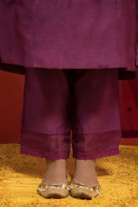 Mithi Supari_Purple Silk, Chanderi, Organza Embroidery, Lace Round Neck Straight Kurta Set _at_Aza_Fashions