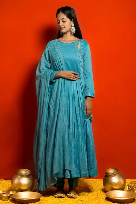 MITHI SUPARI Blue Pure Malai Chanderi Embroidered Resham Thread Work Pleated Anarkali Set 