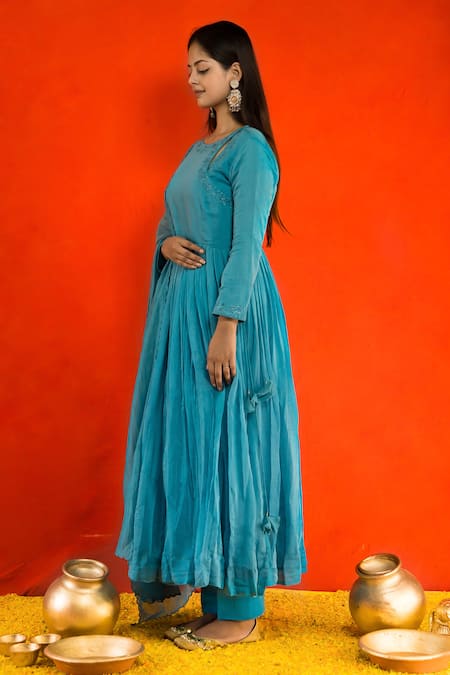 Shop_Mithi Supari_Blue Pure Malai Chanderi Embroidered Resham Thread Work Pleated Anarkali Set _Online_at_Aza_Fashions