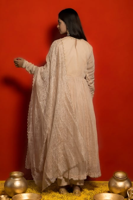 Mithi Supari Embroidered Yoke Crinkled Anarkali Set 