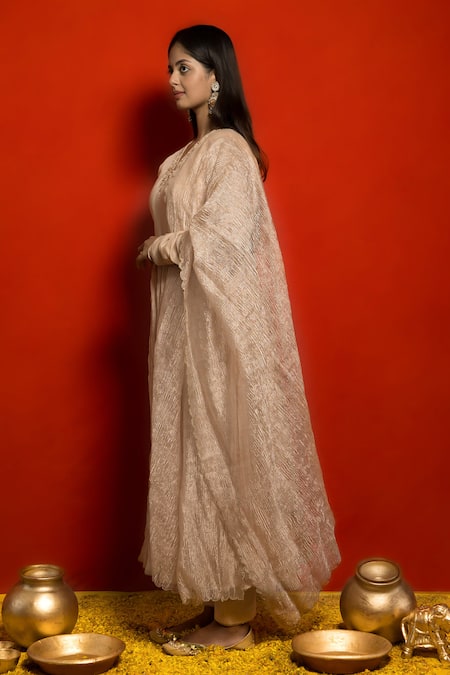 Mithi Supari_Pink Pure Malai Chanderi Embroidered Zardozi Work V Yoke Crinkled Anarkali Set _Online_at_Aza_Fashions