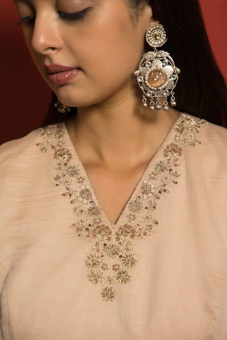 Shop_Mithi Supari_Pink Pure Malai Chanderi Embroidered Zardozi Work V Yoke Crinkled Anarkali Set _Online_at_Aza_Fashions