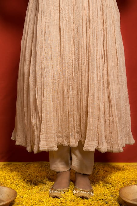 Mithi Supari_Pink Pure Malai Chanderi Embroidered Zardozi Work V Yoke Crinkled Anarkali Set _at_Aza_Fashions