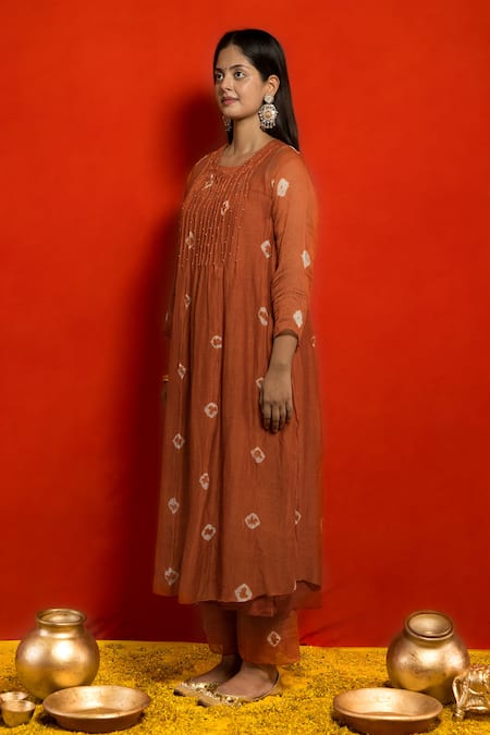 Mithi Supari_Orange Chanderi, Cotton Beads Round Neck Pintucked Yoke Tunic And Pant Set _Online_at_Aza_Fashions