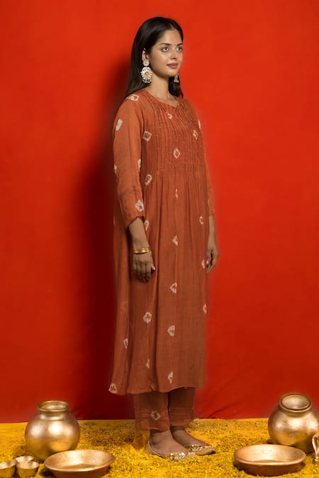 Buy_Mithi Supari_Orange Chanderi, Cotton Beads Round Neck Pintucked Yoke Tunic And Pant Set _Online_at_Aza_Fashions