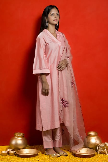 Shop_Mithi Supari_Pink Silk Embroidered Resham Thread Work V Neck A-line Kurta Set With Dupatta _Online_at_Aza_Fashions