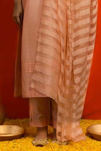 Buy Mithi Supari Peach Organza, Silk Embroidery Round Neck Kurta Set With Striped Dupatta Online at Aza Fashions Buy_Mithi Supari_Peach Organza, Silk Embroidery Round Neck Kurta Set With Striped Dupatta _Online_at_Aza_Fashions