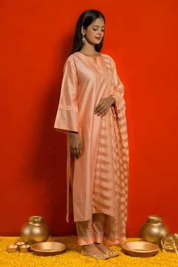 Mithi Supari Peach Organza, Silk Embroidery Round Neck Kurta Set With Striped Dupatta at Aza Fashions Mithi Supari_Peach Organza, Silk Embroidery Round Neck Kurta Set With Striped Dupatta _at_Aza_Fashions