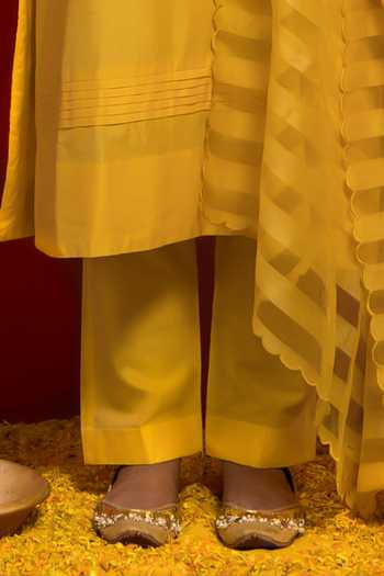 Mithi Supari_Yellow Silk, Organza Embroidery Round Straight Kurta Set With Striped Dupatta _Online_at_Aza_Fashions
