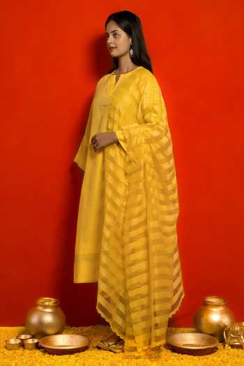 Buy_Mithi Supari_Yellow Silk, Organza Embroidery Round Straight Kurta Set With Striped Dupatta _Online_at_Aza_Fashions