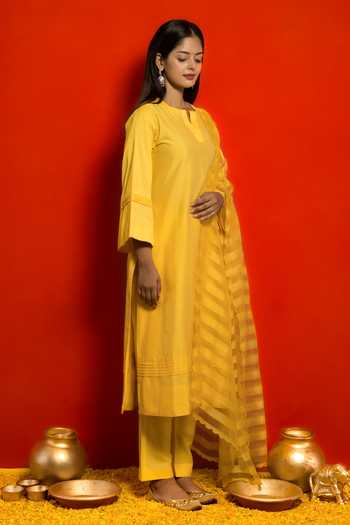 Shop_Mithi Supari_Yellow Silk, Organza Embroidery Round Straight Kurta Set With Striped Dupatta _Online_at_Aza_Fashions