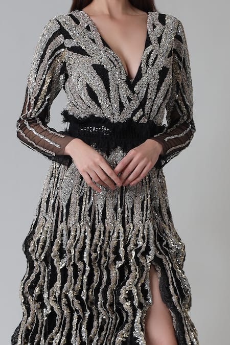 Geisha Designs Black Polyester, Nylon Sequins V-neck Clarisse Hand Embroidered Gown Online at Aza Fashions Geisha Designs_Black Polyester, Nylon Sequins V-neck Clarisse Hand Embroidered Gown _Online_at_Aza_Fashions