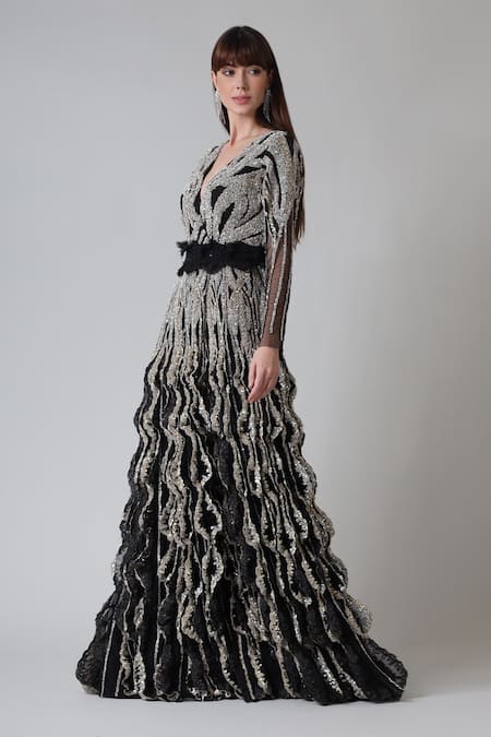 Shop Geisha Designs Black Polyester, Nylon Sequins V-neck Clarisse Hand Embroidered Gown Online at Aza Fashions Shop_Geisha Designs_Black Polyester, Nylon Sequins V-neck Clarisse Hand Embroidered Gown _Online_at_Aza_Fashions