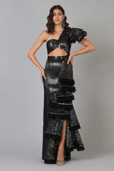 Geisha Designs Black Polyester Hand Embroidered Sequins One Shoulder Estelle Gown