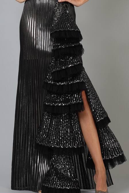 Geisha Designs_Black Polyester Hand Embroidered Sequins One Shoulder Estelle Gown  _Online_at_Aza_Fashions
