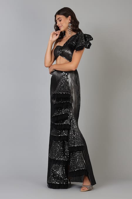 Shop_Geisha Designs_Black Polyester Hand Embroidered Sequins One Shoulder Estelle Gown  _Online_at_Aza_Fashions
