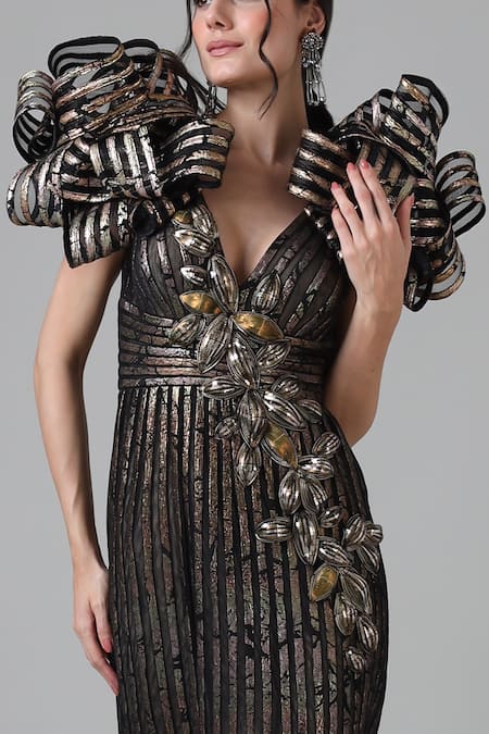 Geisha Designs_Black Polyester Hand Embroidered Floral Deep V Neck Sera Gown  _Online_at_Aza_Fashions