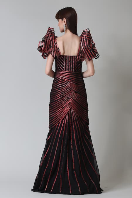 Shop_Geisha Designs_Wine Polyester Hand Embroidered Sequins Rebekah Overlapped Panel Gown  _at_Aza_Fashions