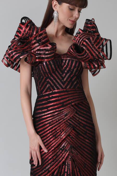 Geisha Designs_Wine Polyester Hand Embroidered Sequins Rebekah Overlapped Panel Gown  _Online_at_Aza_Fashions