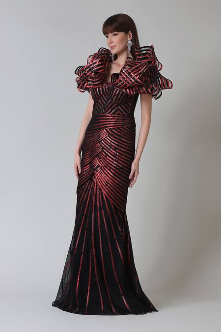 Buy_Geisha Designs_Wine Polyester Hand Embroidered Sequins Rebekah Overlapped Panel Gown  _Online_at_Aza_Fashions