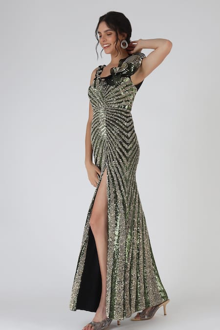 Buy_Geisha Designs_Green Polyester Hand Embroidered Sequins V Neck Ana Gown  _Online_at_Aza_Fashions