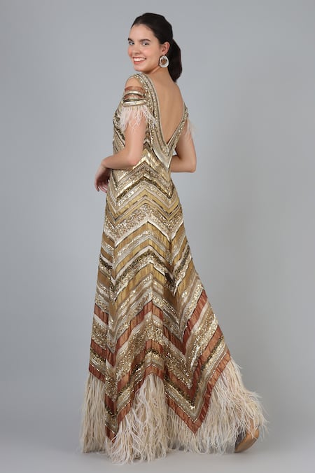 Shop Geisha Designs Beige Nylon Hand Embroidered Sequins V Neck Elisabeth Gown at Aza Fashions Shop_Geisha Designs_Beige Nylon Hand Embroidered Sequins V Neck Elisabeth Gown _at_Aza_Fashions