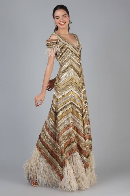 Shop Geisha Designs Beige Nylon Hand Embroidered Sequins V Neck Elisabeth Gown Online at Aza Fashions Shop_Geisha Designs_Beige Nylon Hand Embroidered Sequins V Neck Elisabeth Gown _Online_at_Aza_Fashions