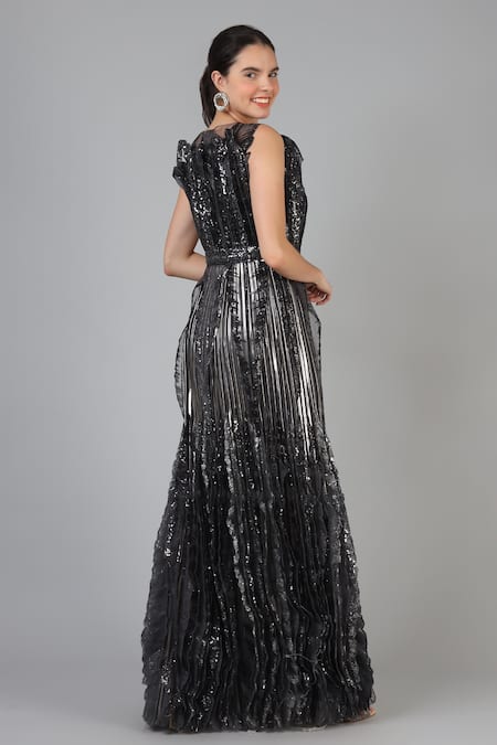Shop Geisha Designs Black Nylon Hand Embroidered Sequins Round Kira Gown at Aza Fashions Shop_Geisha Designs_Black Nylon Hand Embroidered Sequins Round Kira Gown _at_Aza_Fashions