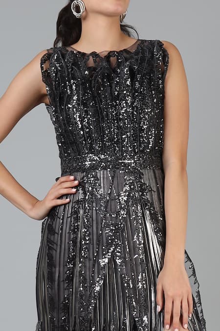 Geisha Designs Black Nylon Hand Embroidered Sequins Round Kira Gown Online at Aza Fashions Geisha Designs_Black Nylon Hand Embroidered Sequins Round Kira Gown _Online_at_Aza_Fashions