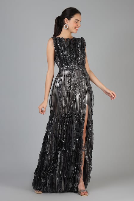 Buy Geisha Designs Black Nylon Hand Embroidered Sequins Round Kira Gown Online at Aza Fashions Buy_Geisha Designs_Black Nylon Hand Embroidered Sequins Round Kira Gown _Online_at_Aza_Fashions