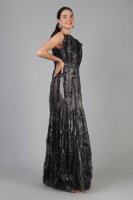 Shop Geisha Designs Black Nylon Hand Embroidered Sequins Round Kira Gown Online at Aza Fashions Shop_Geisha Designs_Black Nylon Hand Embroidered Sequins Round Kira Gown _Online_at_Aza_Fashions