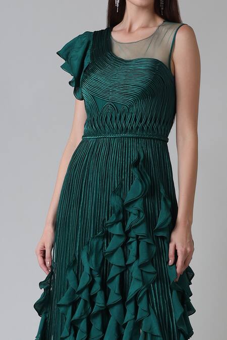 Geisha Designs_Green Nylon Hand Embroidered Thread Round Sacha Gown  _Online_at_Aza_Fashions