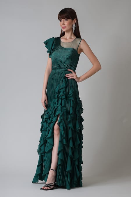 Buy_Geisha Designs_Green Nylon Hand Embroidered Thread Round Sacha Gown  _Online_at_Aza_Fashions
