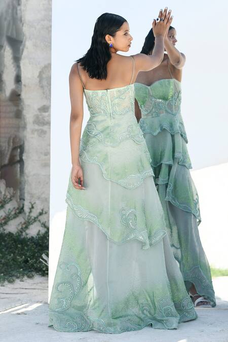 Shop Geisha Designs Green Nylon Hand Embroidered Floral Sweetheart Moana Gown at Aza Fashions Shop_Geisha Designs_Green Nylon Hand Embroidered Floral Sweetheart Moana Gown _at_Aza_Fashions