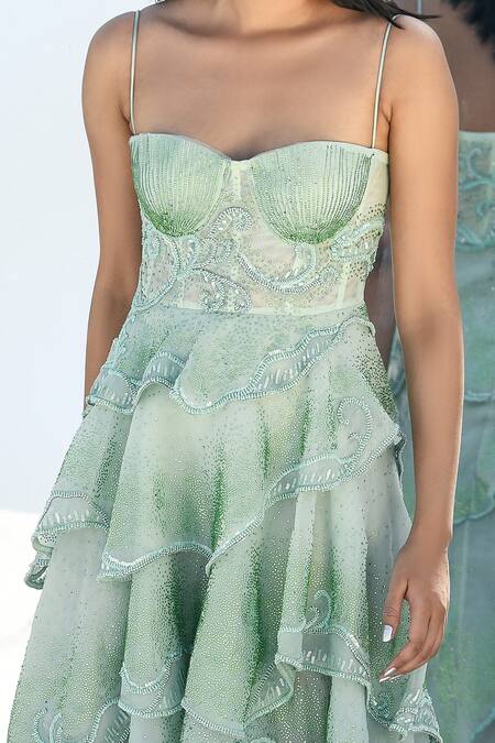 Geisha Designs Green Nylon Hand Embroidered Floral Sweetheart Moana Gown Online at Aza Fashions Geisha Designs_Green Nylon Hand Embroidered Floral Sweetheart Moana Gown _Online_at_Aza_Fashions