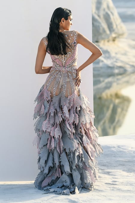 Shop Geisha Designs Pink Nylon Hand Embroidered Floral Round Lily Gown at Aza Fashions Shop_Geisha Designs_Pink Nylon Hand Embroidered Floral Round Lily Gown _at_Aza_Fashions