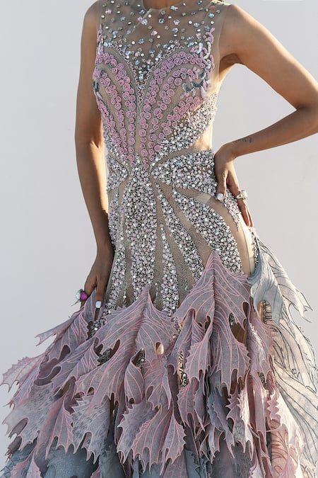 Geisha Designs Pink Nylon Hand Embroidered Floral Round Lily Gown Online at Aza Fashions Geisha Designs_Pink Nylon Hand Embroidered Floral Round Lily Gown _Online_at_Aza_Fashions