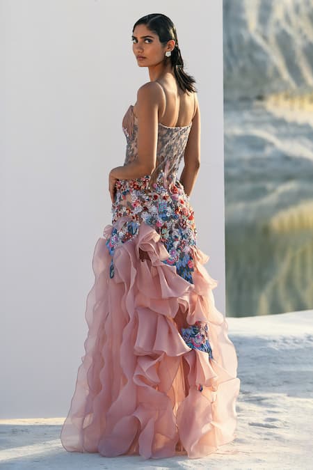 Shop Geisha Designs Pink Nylon Hand Embroidered Floral Sweetheart Pearl Gown at Aza Fashions Shop_Geisha Designs_Pink Nylon Hand Embroidered Floral Sweetheart Pearl Gown _at_Aza_Fashions