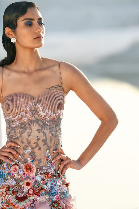 Geisha Designs Pink Nylon Hand Embroidered Floral Sweetheart Pearl Gown Online at Aza Fashions Geisha Designs_Pink Nylon Hand Embroidered Floral Sweetheart Pearl Gown _Online_at_Aza_Fashions