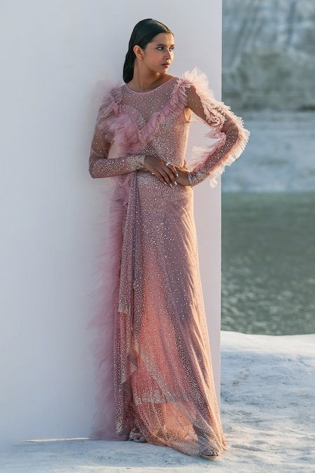 Geisha Designs Pink Nylon Hand Embroidered Crystals Round Nerissa Gown  