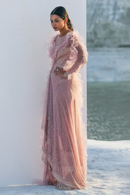 Buy Geisha Designs Pink Nylon Hand Embroidered Crystals Round Nerissa Gown Online at Aza Fashions Buy_Geisha Designs_Pink Nylon Hand Embroidered Crystals Round Nerissa Gown _Online_at_Aza_Fashions